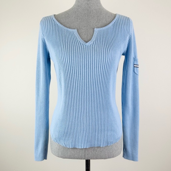 Vintage Tommy Hilfiger Jeans Light Blue Ribbed Knit Sweater - Picture 1 of 7